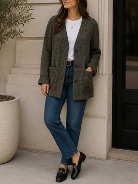 Cleo Dublin Ireland 100% Pure New Wool Cardigan Jacket Brown Tweed Button Small